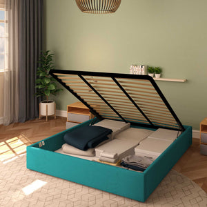 Baldiflex letto contenitore king size queen size senza testata in tessuto Cloe turchese da destra con rete alzata