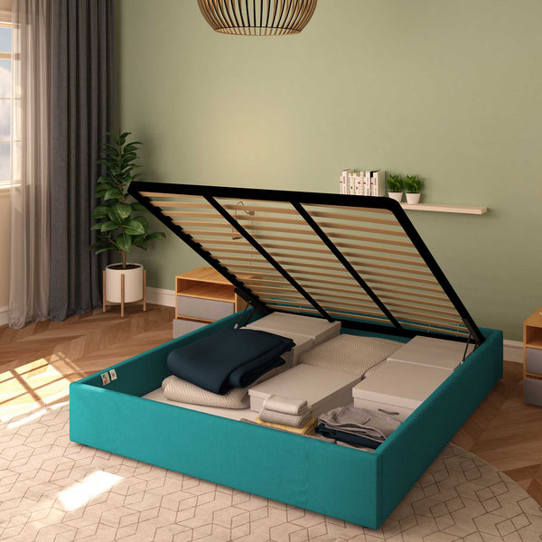 Baldiflex letto contenitore king size queen size senza testata in tessuto Cloe turchese da destra con rete alzata