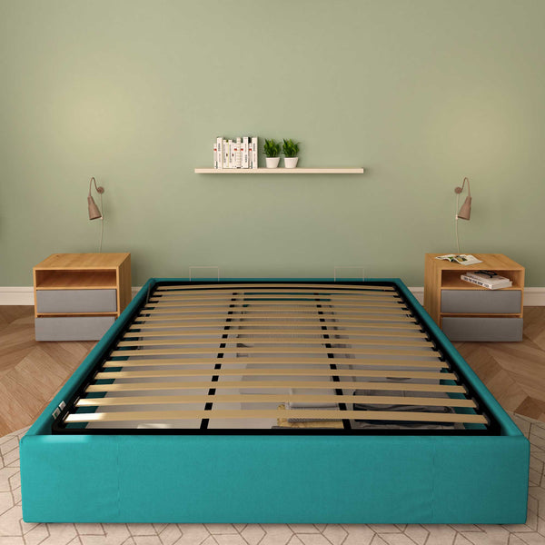 Baldiflex letto contenitore king size queen size senza testata in tessuto Cloe turchese fronte