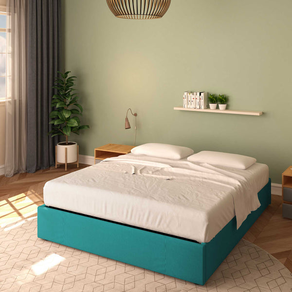 Baldiflex letto contenitore king size queen size senza testata in tessuto Cloe turchese