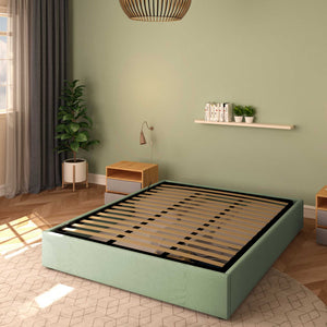 Baldiflex letto contenitore king size queen size senza testata in tessuto Cloe verde menta da destra