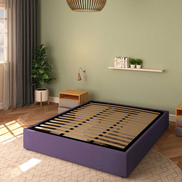 Baldiflex letto contenitore king size queen size senza testata in tessuto Cloe viola da destra