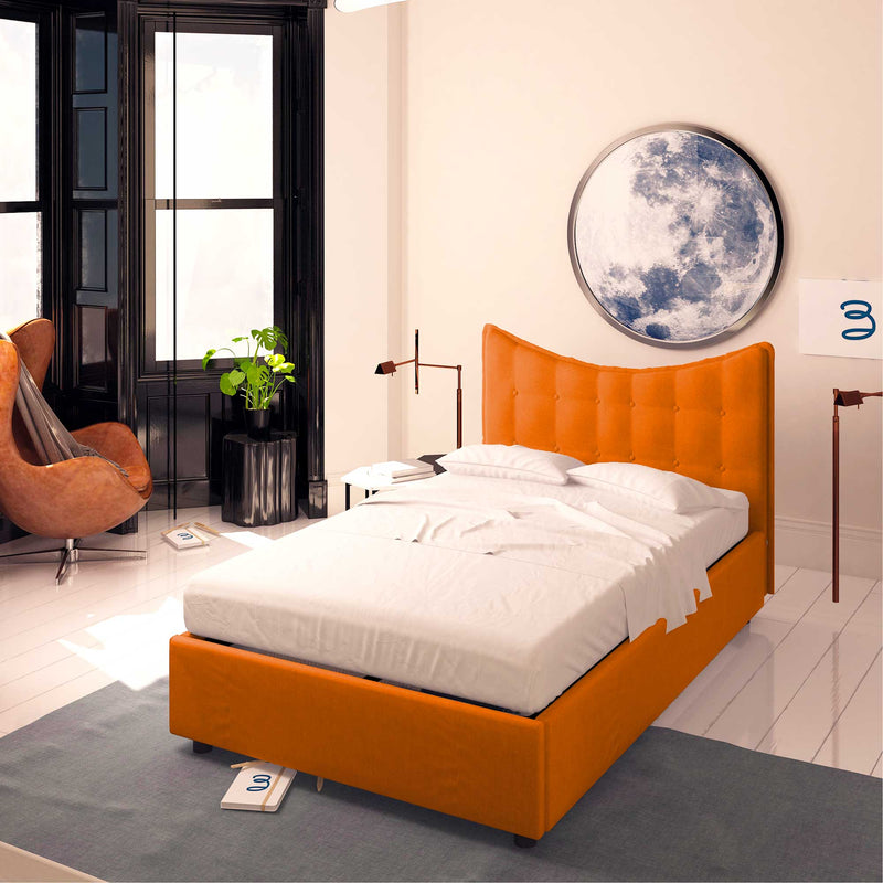 Baldiflex letto contenitore piazza e mezza in ecopelle Moon arancione da destra con materasso