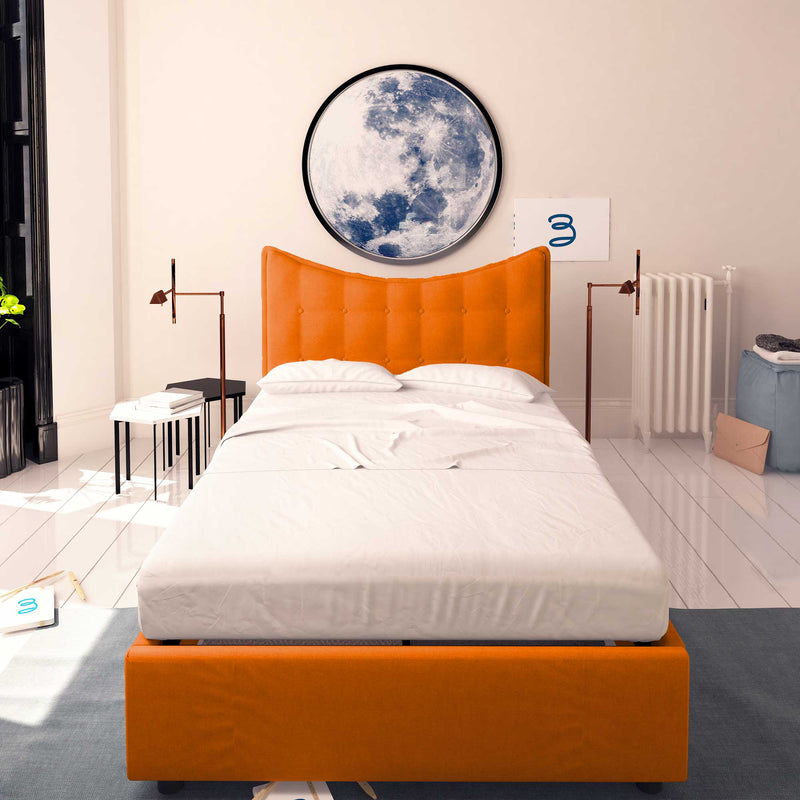Baldiflex letto contenitore piazza e mezza in ecopelle Moon arancione fronte con materasso