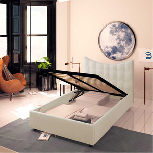 Baldiflex letto contenitore piazza e mezza in ecopelle Moon beige chiaro da destra rete alzata