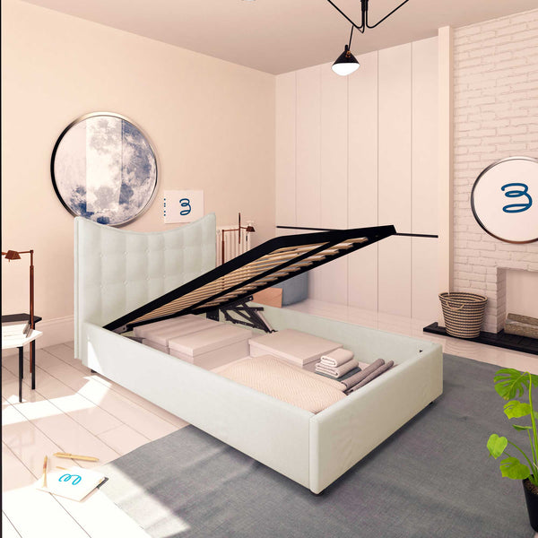 Baldiflex letto contenitore piazza e mezza in ecopelle Moon beige chiaro da sinistra rete alzata