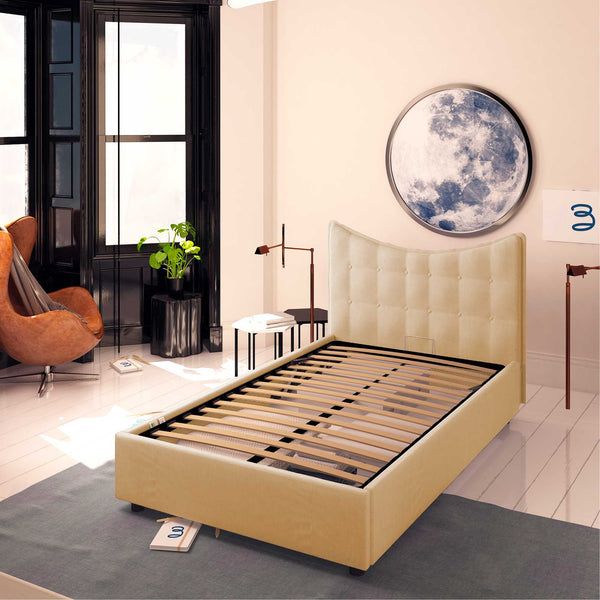 Baldiflex letto contenitore piazza e mezza in ecopelle Moon beige da destra