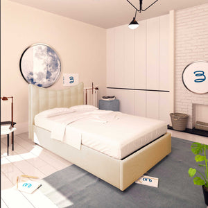 Baldiflex letto contenitore piazza e mezza in ecopelle Moon beige da sinistra con materasso