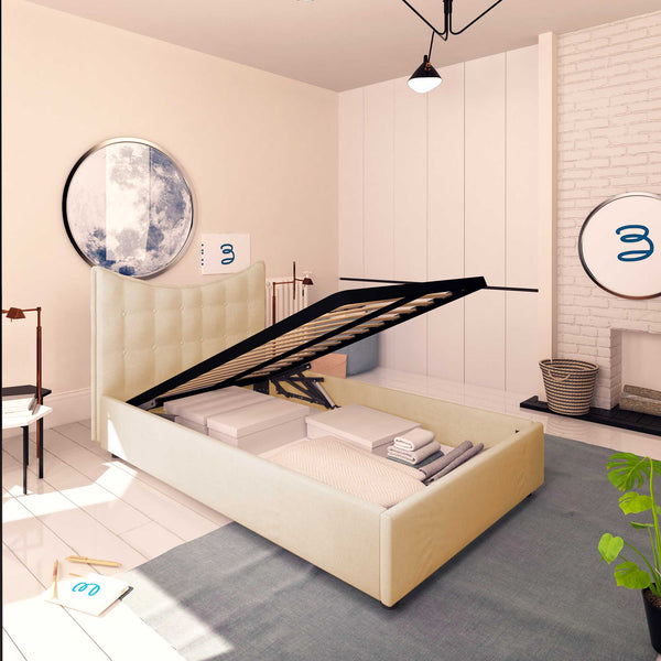 Baldiflex letto contenitore piazza e mezza in ecopelle Moon beige da sinistra con rete alzata