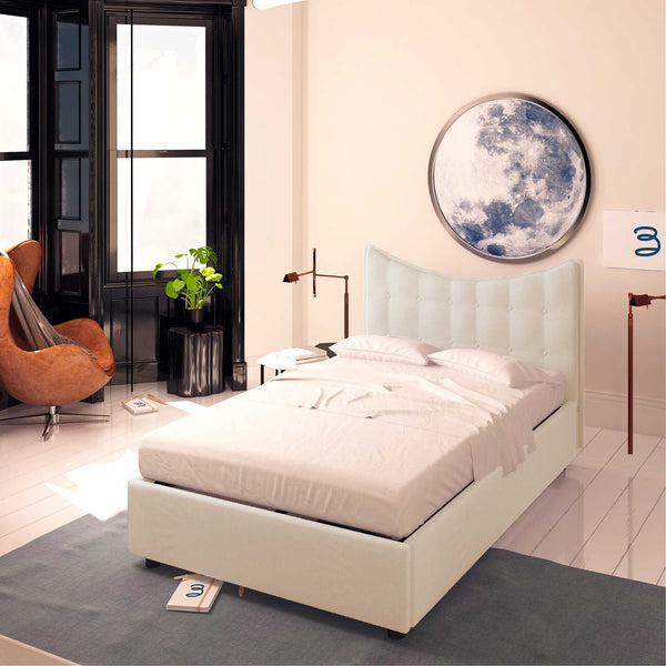 Baldiflex letto contenitore piazza e mezza in ecopelle Moon bianco da destra con materasso