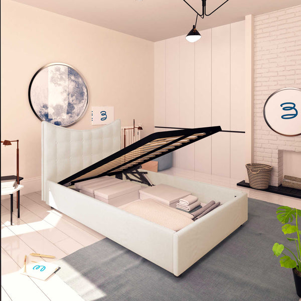 Baldiflex letto contenitore piazza e mezza in ecopelle Moon bianco da sinistra rete alzata