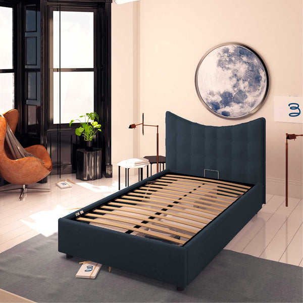 Baldiflex letto contenitore piazza e mezza in ecopelle Moon blu notte da destra