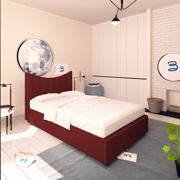 Baldiflex letto contenitore piazza e mezza in ecopelle Moon bordeaux da sinistra con materasso