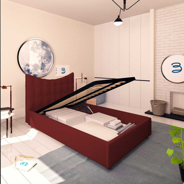 Baldiflex letto contenitore piazza e mezza in ecopelle Moon bordeaux da sinistra rete alzata