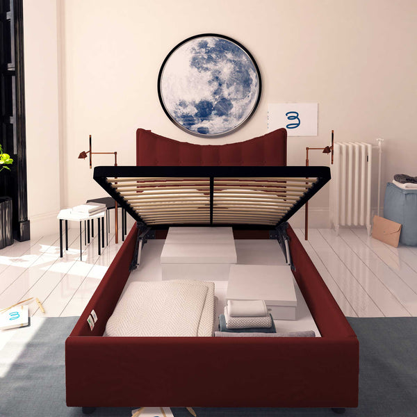 Baldiflex letto contenitore piazza e mezza in ecopelle Moon bordeaux fronte rete alzata