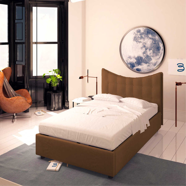 Baldiflex letto contenitore piazza e mezza in ecopelle Moon caffè da destra