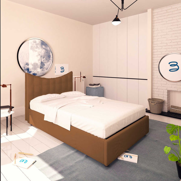 Baldiflex letto contenitore piazza e mezza in ecopelle Moon caffè da sinistra con materasso
