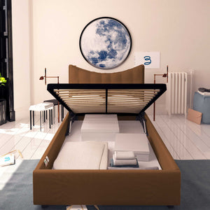 Baldiflex letto contenitore piazza e mezza in ecopelle Moon caffè fronte