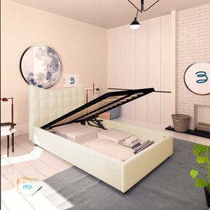 Baldiflex letto contenitore piazza e mezza in ecopelle Moon crema da sinistra con rete alzata