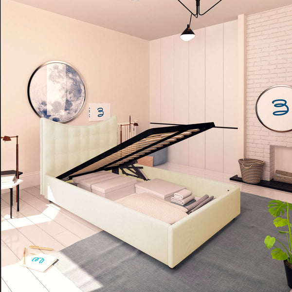 Baldiflex letto contenitore piazza e mezza in ecopelle Moon crema da sinistra con rete alzata