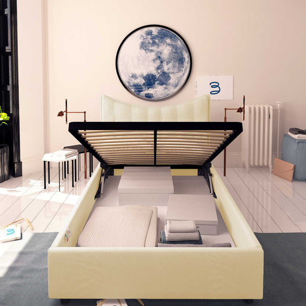 Baldiflex letto contenitore piazza e mezza in ecopelle Moon crema fronte rete alzata