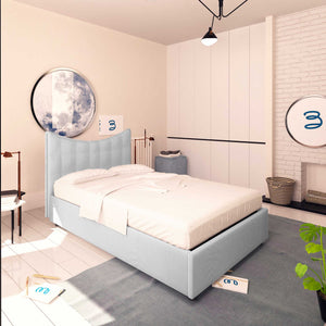 Baldiflex letto contenitore piazza e mezza in ecopelle Moon grigio chiaro da sinistra