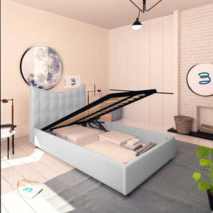 Baldiflex letto contenitore piazza e mezza in ecopelle Moon grigio chiaro da sinistra rete alzata