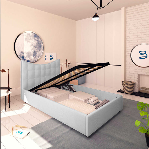 Baldiflex letto contenitore piazza e mezza in ecopelle Moon grigio chiaro da sinistra rete alzata