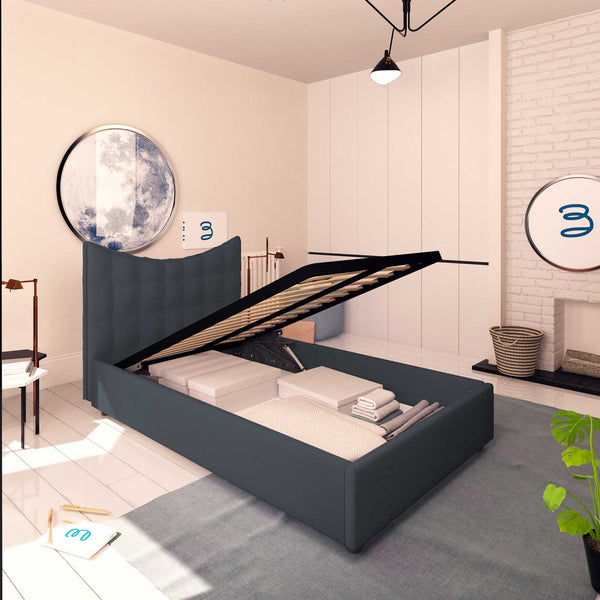 Baldiflex letto contenitore piazza e mezza in ecopelle Moon grigio scuro da sinistra rete alzata