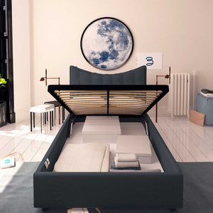 Baldiflex letto contenitore piazza e mezza in ecopelle Moon grigio scuro fronte rete alzata