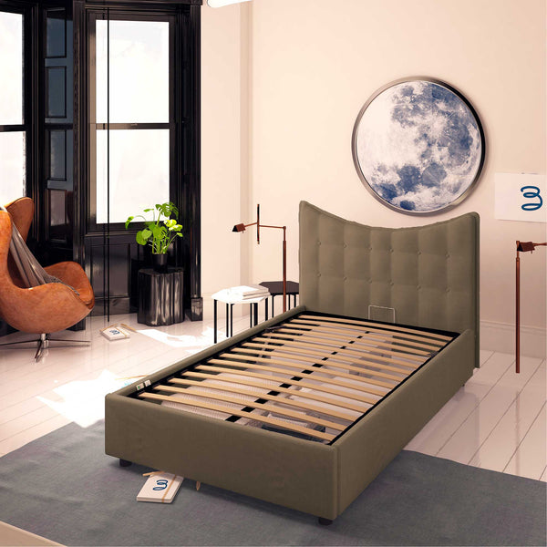 Baldiflex letto contenitore piazza e mezza in ecopelle Moon grigio talpa da destra