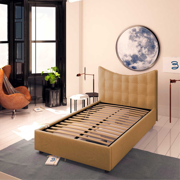 Baldiflex letto contenitore piazza e mezza in ecopelle Moon marrone chiaro da destra