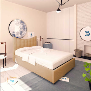 Baldiflex letto contenitore piazza e mezza in ecopelle Moon marrone chiaro da sinistra