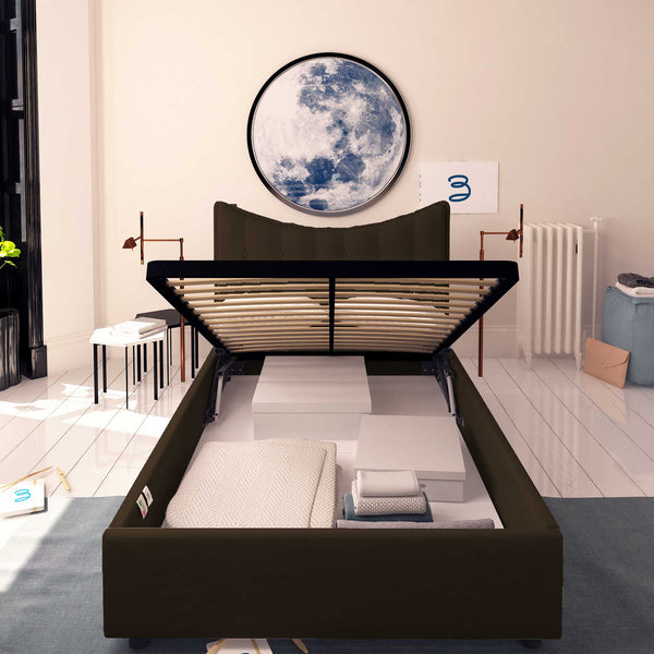 Baldiflex letto contenitore piazza e mezza in ecopelle Moon marrone scuro fronte