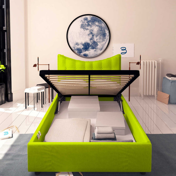 Baldiflex letto contenitore piazza e mezza in ecopelle Moon verde mela fronte rete alzata