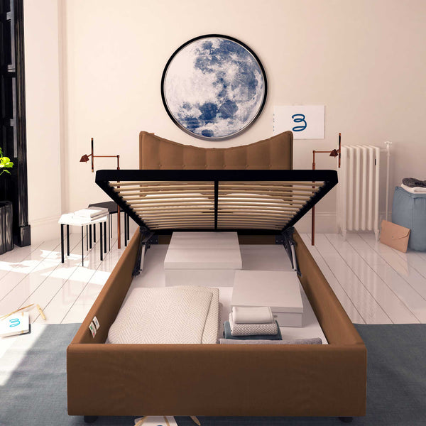 Baldiflex letto contenitore piazza e mezzo in tessuto Moon marrone fronte