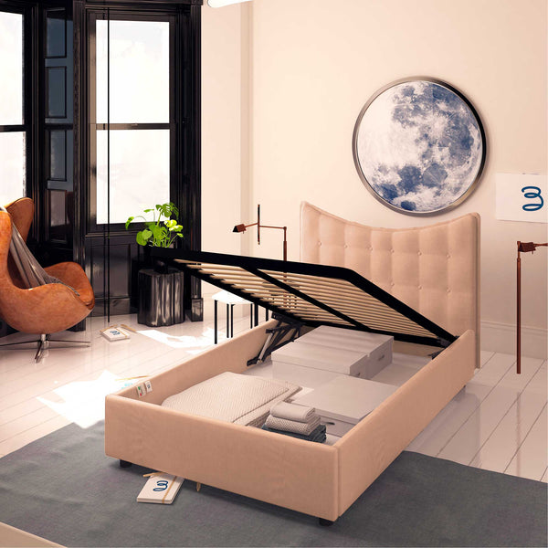 Baldiflex letto contenitore piazza e mezzo in tessuto Moon rosa antico fronte