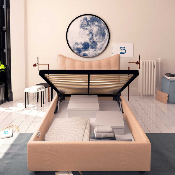 Baldiflex letto contenitore piazza e mezzo in tessuto Moon rosa antico