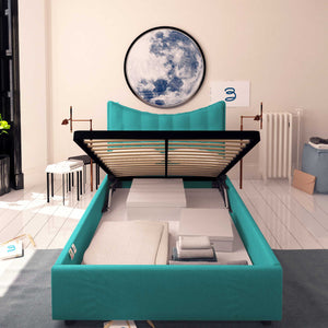 Baldiflex letto contenitore piazza e mezzo in tessuto Moon turchese fronte