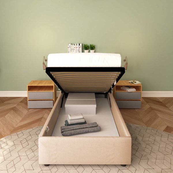 Baldiflex letto contenitore singolo senza testata in tessuto Cloe grigio talpa fronte rete alzata