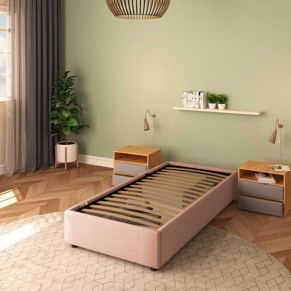 Baldiflex letto contenitore singolo senza testata in tessuto Cloe rosa antico da destra