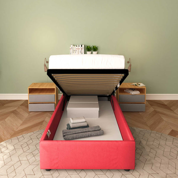 Baldiflex letto contenitore singolo senza testata in tessuto Cloe rosso rete alzata