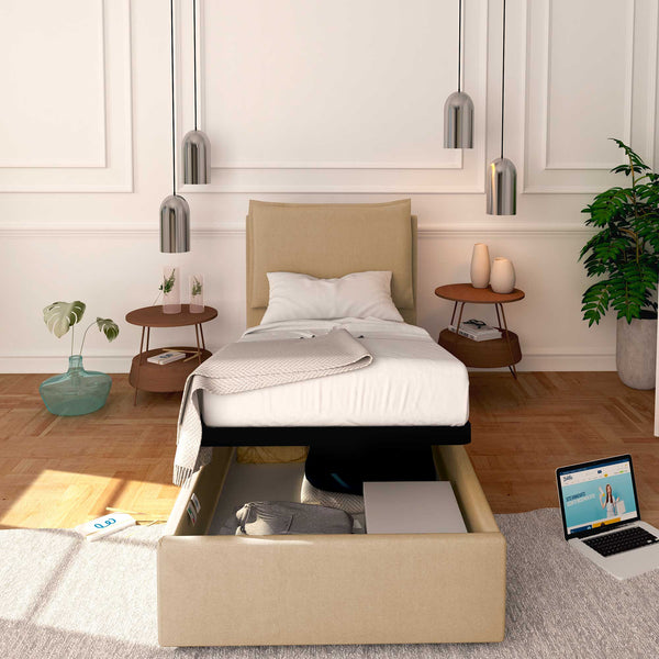 Baldiflex letto contenitore singolo in tessuto sfoderabile Licia cammello