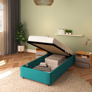 Baldiflex letto contenitore singolo senza testata in tessuto Cloe turchese da destra rete alzata