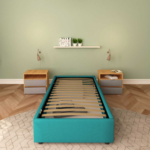 Baldiflex letto contenitore singolo senza testata in tessuto Cloe turchese frontale senza materasso