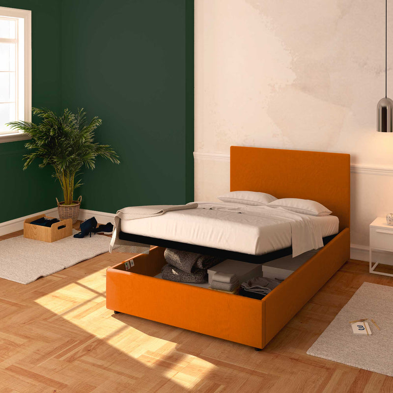 Baldiflex letto contenitore piazza e mezza in ecopelle sfoderabile Rossano arancione da destra