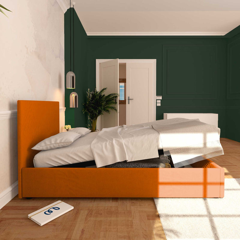 Baldiflex letto contenitore piazza e mezza in ecopelle sfoderabile Rossano arancione laterale