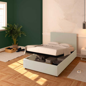 Baldiflex letto contenitore piazza e mezza in ecopelle sfoderabile Rossano beige chiaro da destra