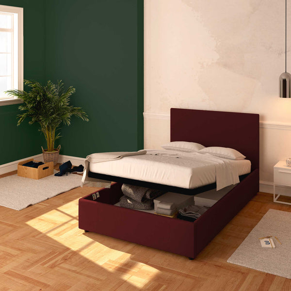 Baldiflex letto contenitore piazza e mezza in ecopelle sfoderabile Rossano bordeaux da destra