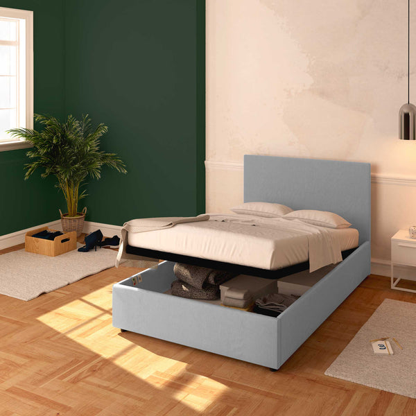 Baldiflex letto contenitore piazza e mezza in ecopelle sfoderabile Rossano grigio chiaro da destra